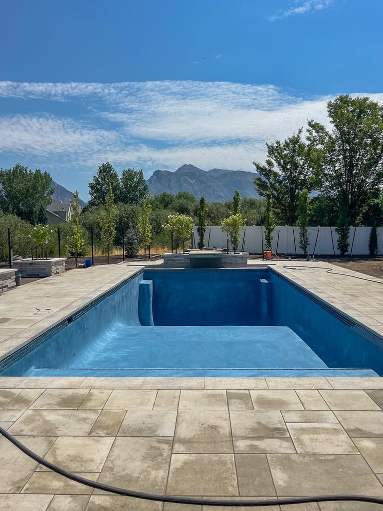 Empty rectangular swimming pool with blue interior under clear sky, surrounded by pavers, trees, and mountains in background