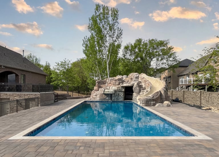 Luxury backyard with rectangular swimming pool, stone waterslide, wooden deck, and surrounding properties